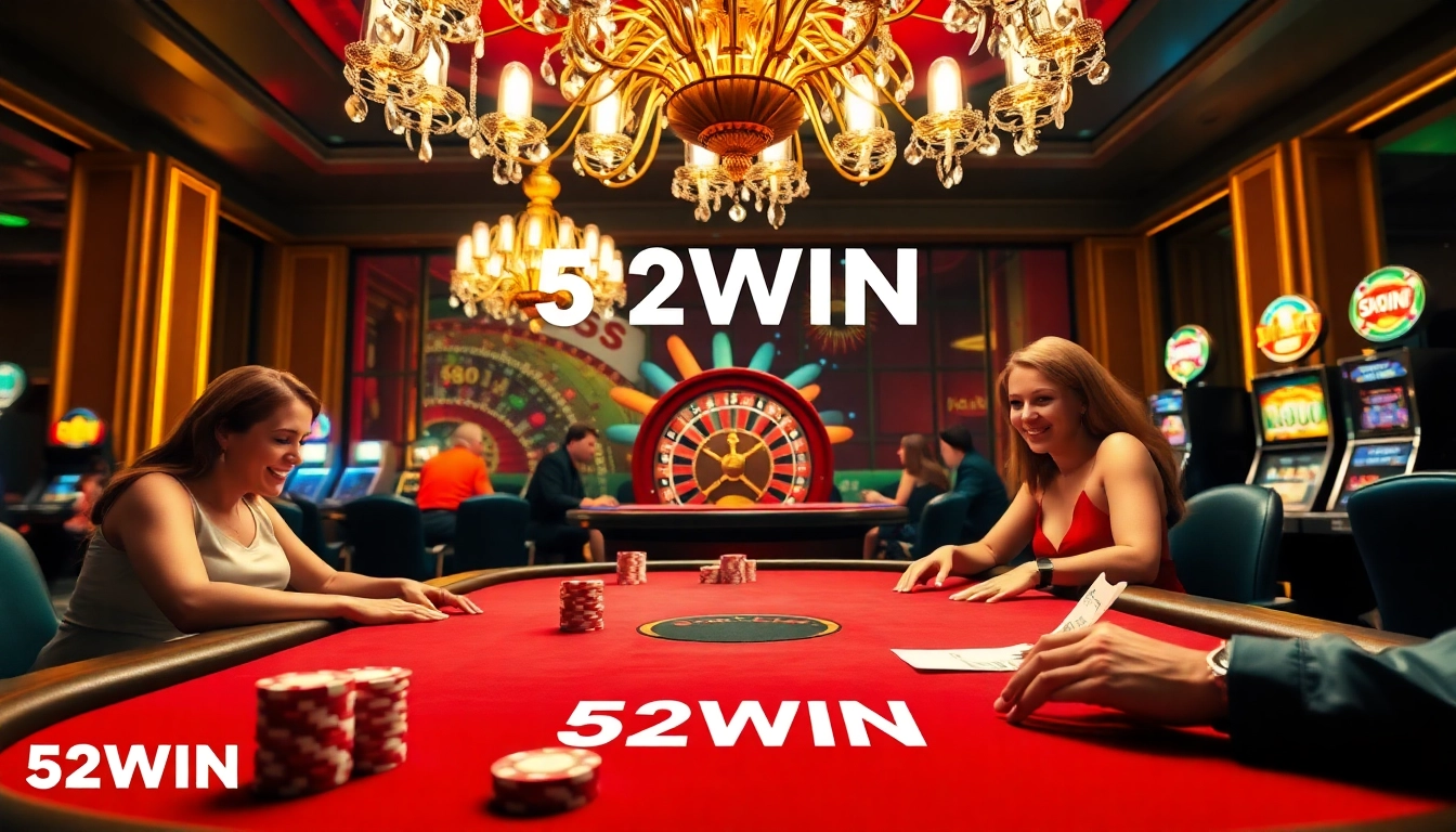 Players enjoying a thrilling game at a casino themed around 52WIN, featuring poker chips and a roulette wheel.
