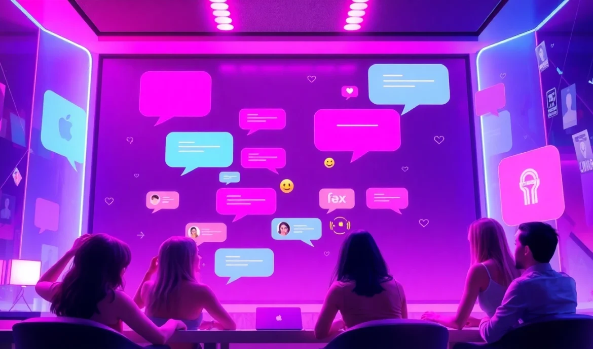 Engaging online sex chat scene with dynamic chat bubbles and diverse avatars.
