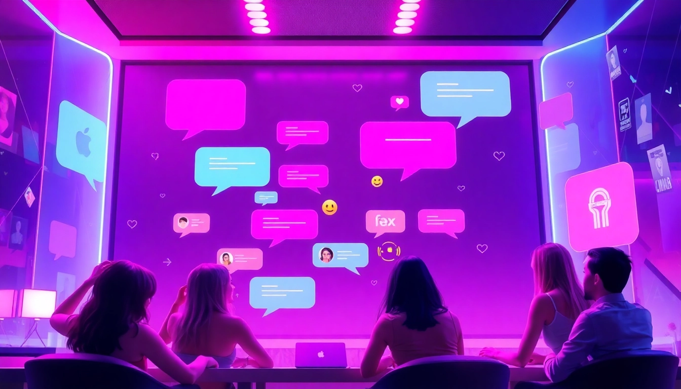 Engaging online sex chat scene with dynamic chat bubbles and diverse avatars.