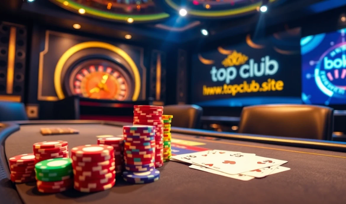 Experience thrilling gaming action at https://topclub.site/ with vibrant poker chips and a spinning roulette wheel.