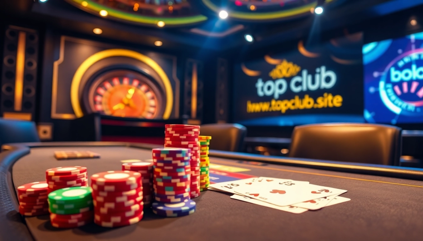 Experience thrilling gaming action at https://topclub.site/ with vibrant poker chips and a spinning roulette wheel.