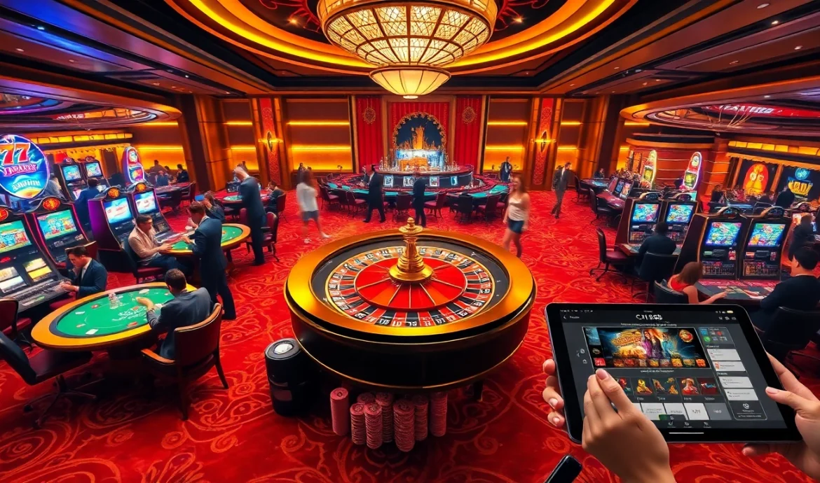 C168 casino scene with luxury roulette, engaged players, vibrant slot machines, and modern online gambling.