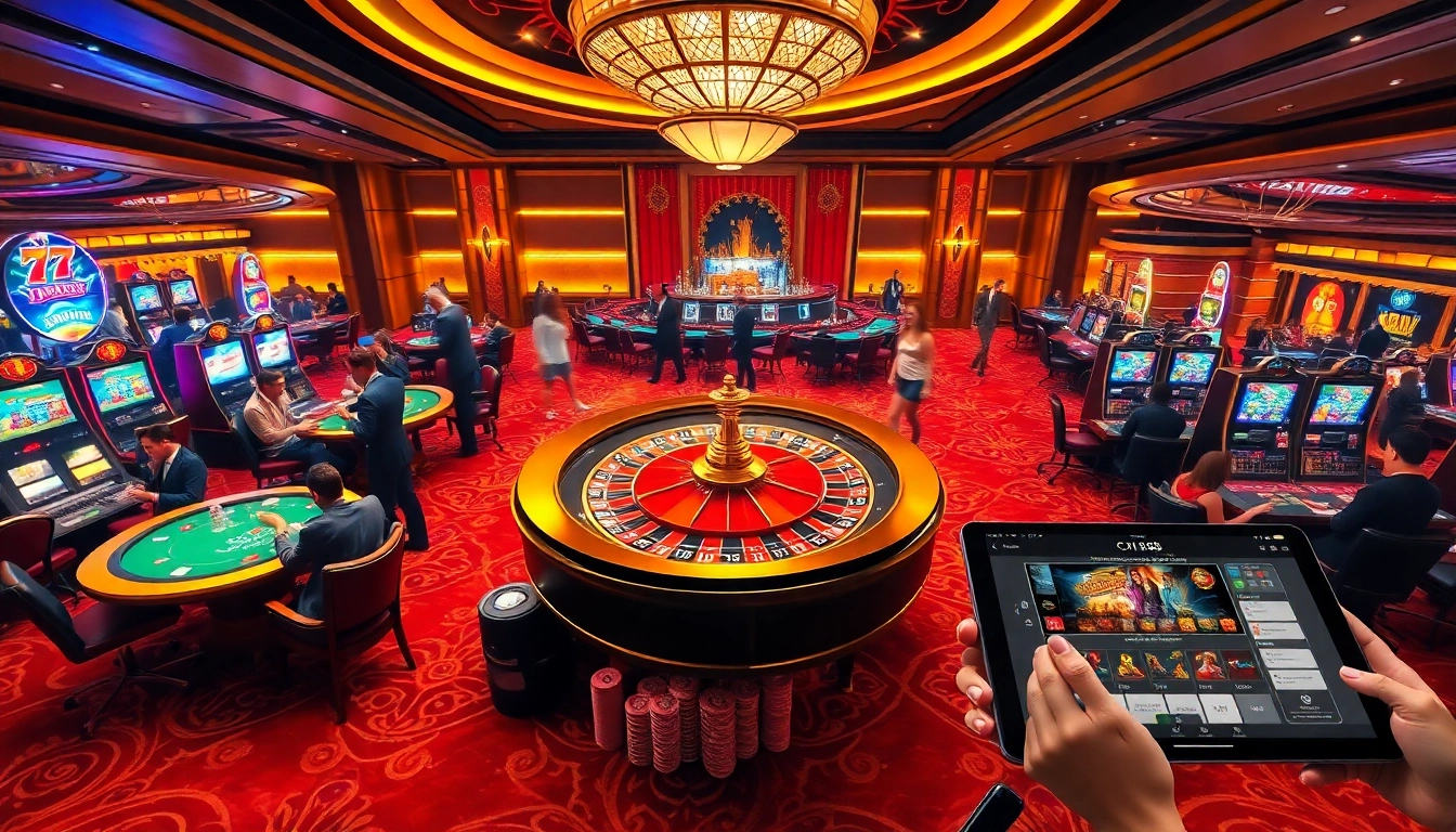 C168 casino scene with luxury roulette, engaged players, vibrant slot machines, and modern online gambling.