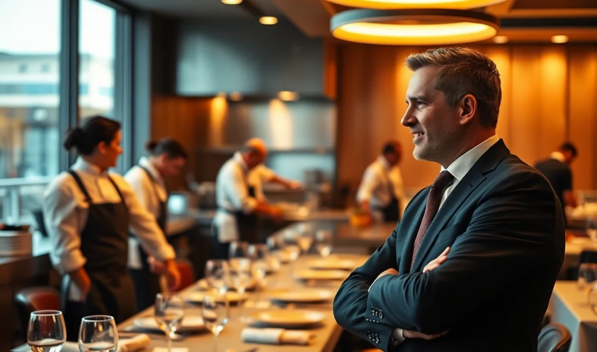 Headhunter Gastronomie diskutiert mit einem talentierten Küchenchef in einem eleganten Restaurant.