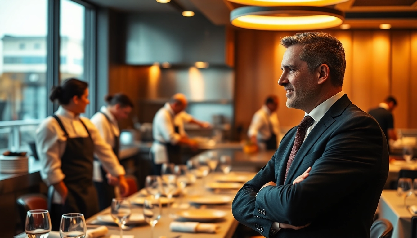 Headhunter Gastronomie diskutiert mit einem talentierten Küchenchef in einem eleganten Restaurant.