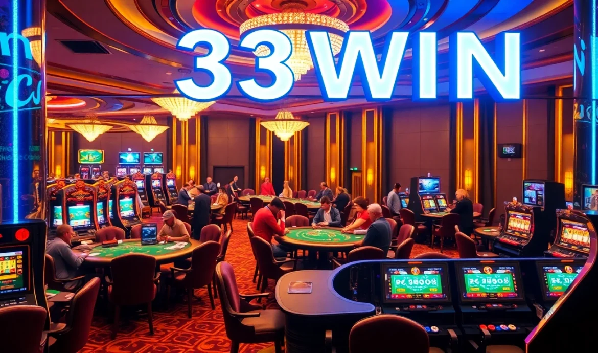 Experience the thrill of 33WIN as players engage in high-stakes poker and roulette at a vibrant casino.
