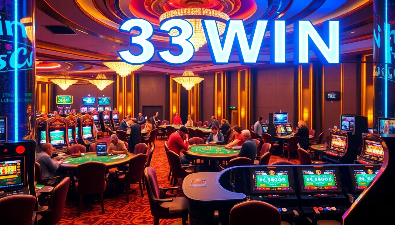Experience the thrill of 33WIN as players engage in high-stakes poker and roulette at a vibrant casino.