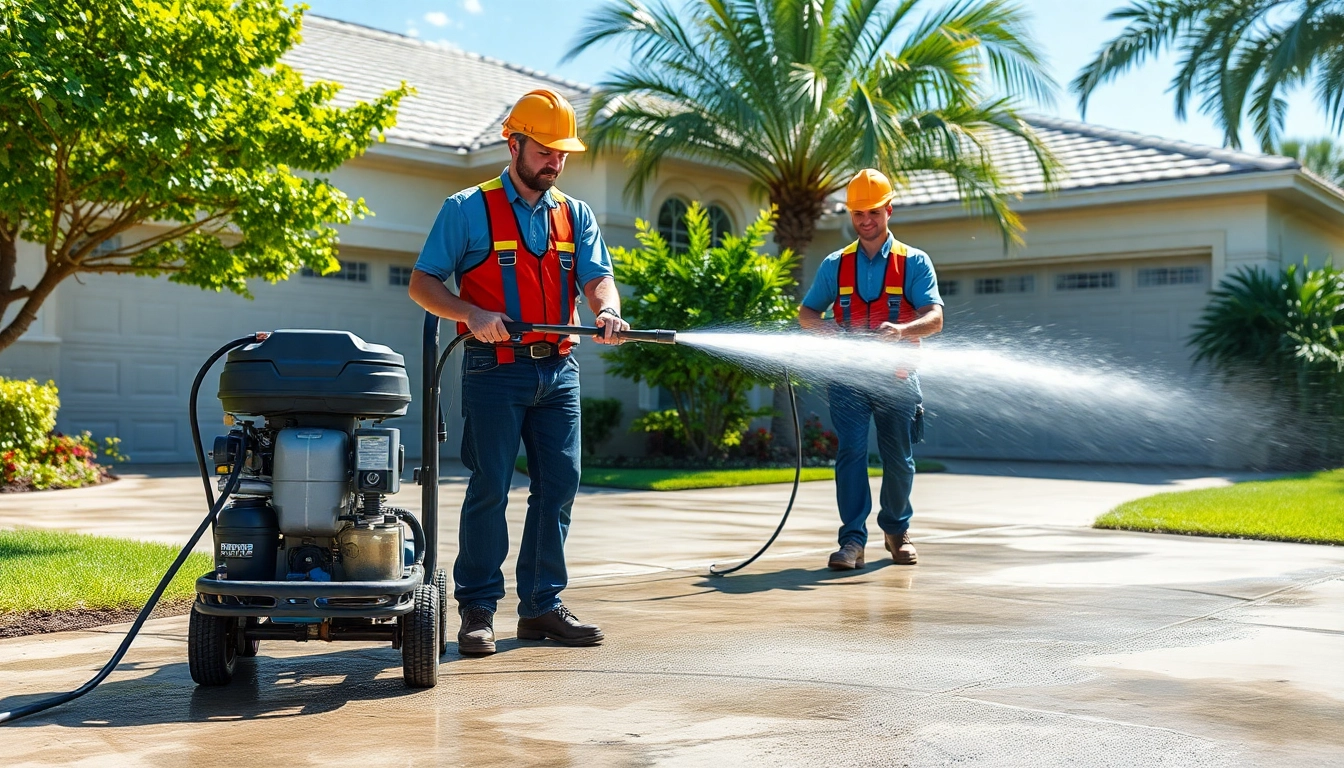 Driveway pressure wash in action by professionals, showcasing effective cleaning results on a sunny day.
