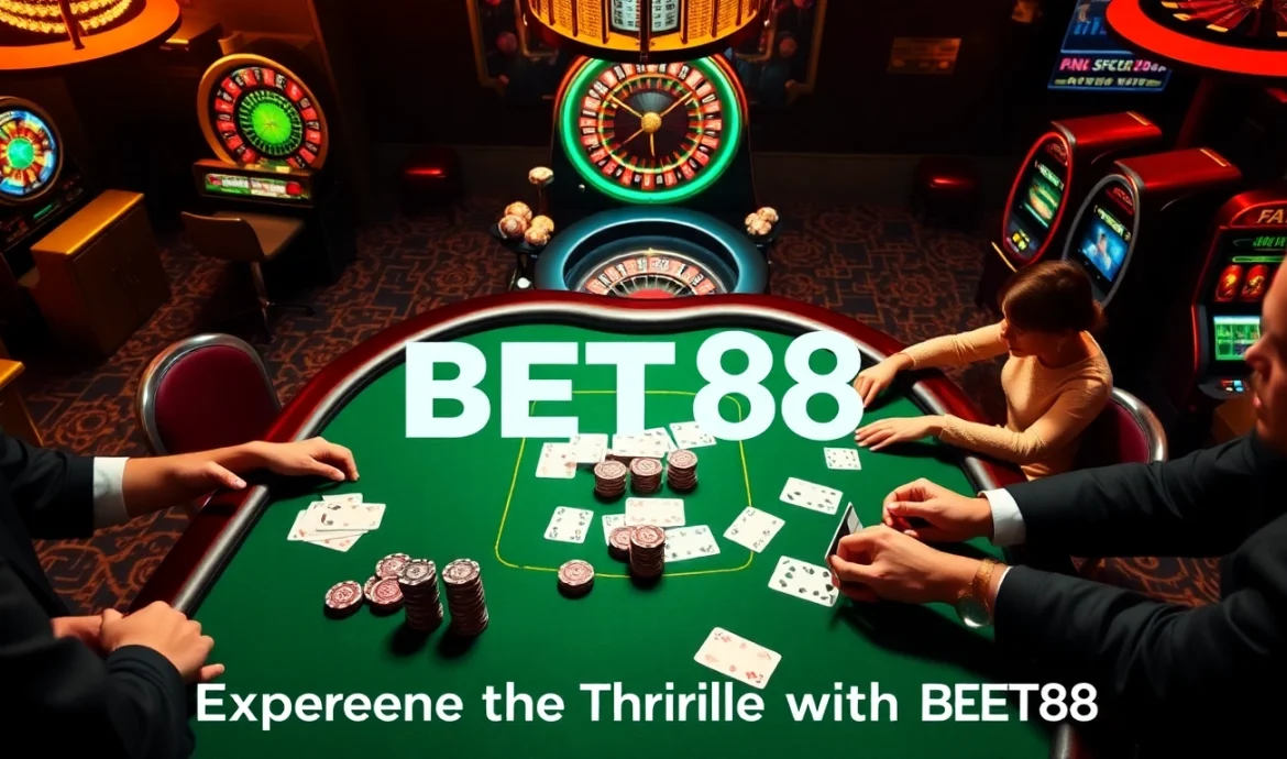 Join the excitement at BET88 with players engaged at a luxurious casino table surrounded by vibrant game elements.
