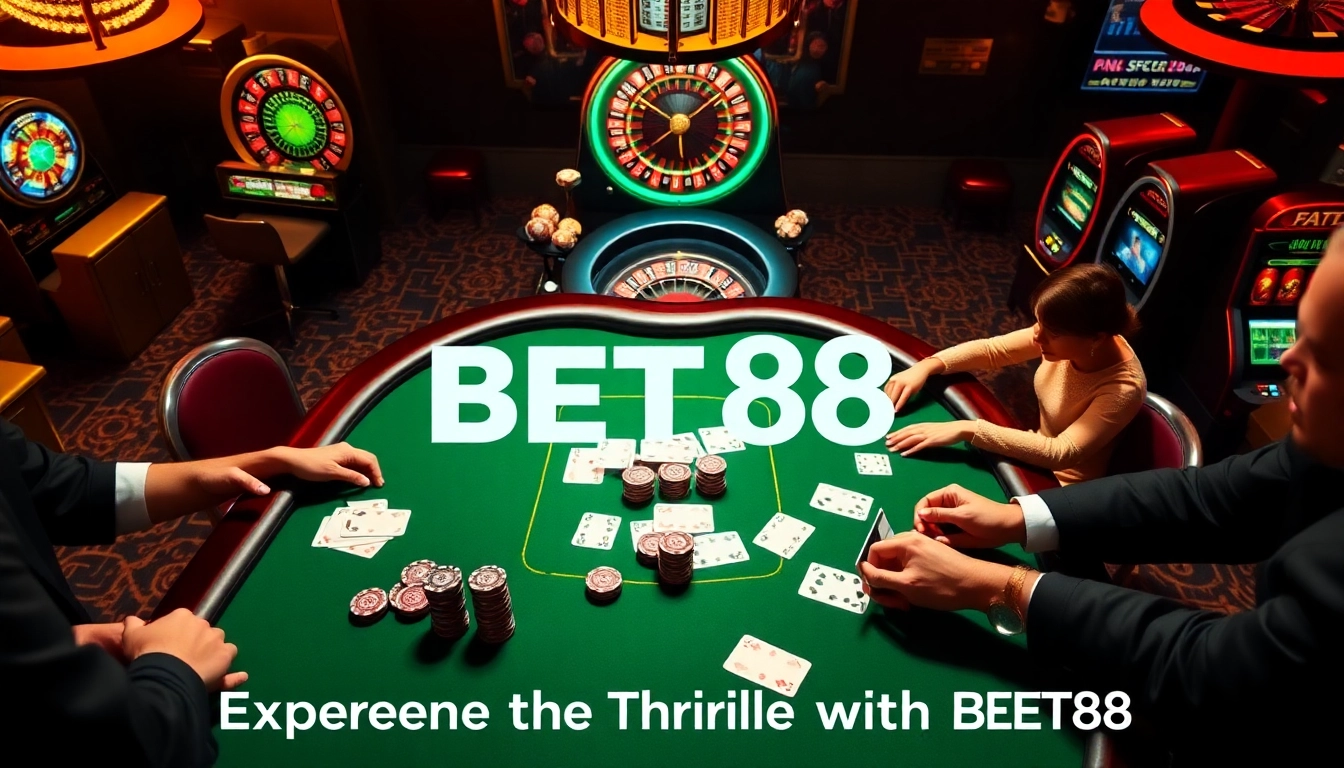 Join the excitement at BET88 with players engaged at a luxurious casino table surrounded by vibrant game elements.