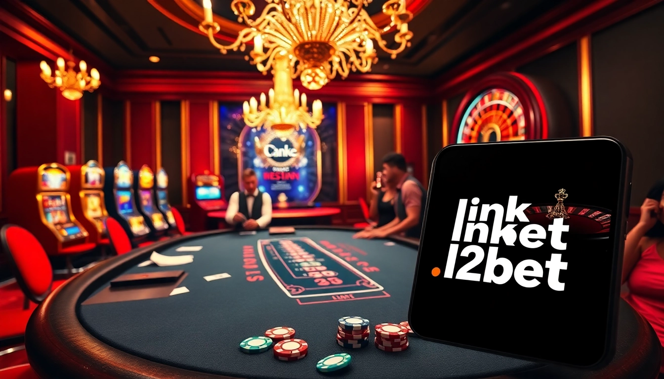Experience the excitement of link 12bet with vibrant casino scenes featuring blackjack tables and roulette wheels.