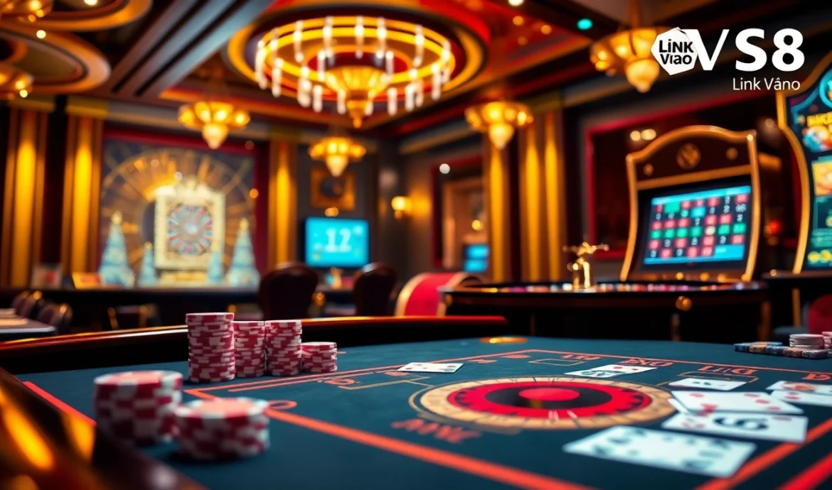 Experience thrilling online gaming with Link Vào S8 featuring luxurious casino tables and vibrant slot machines.