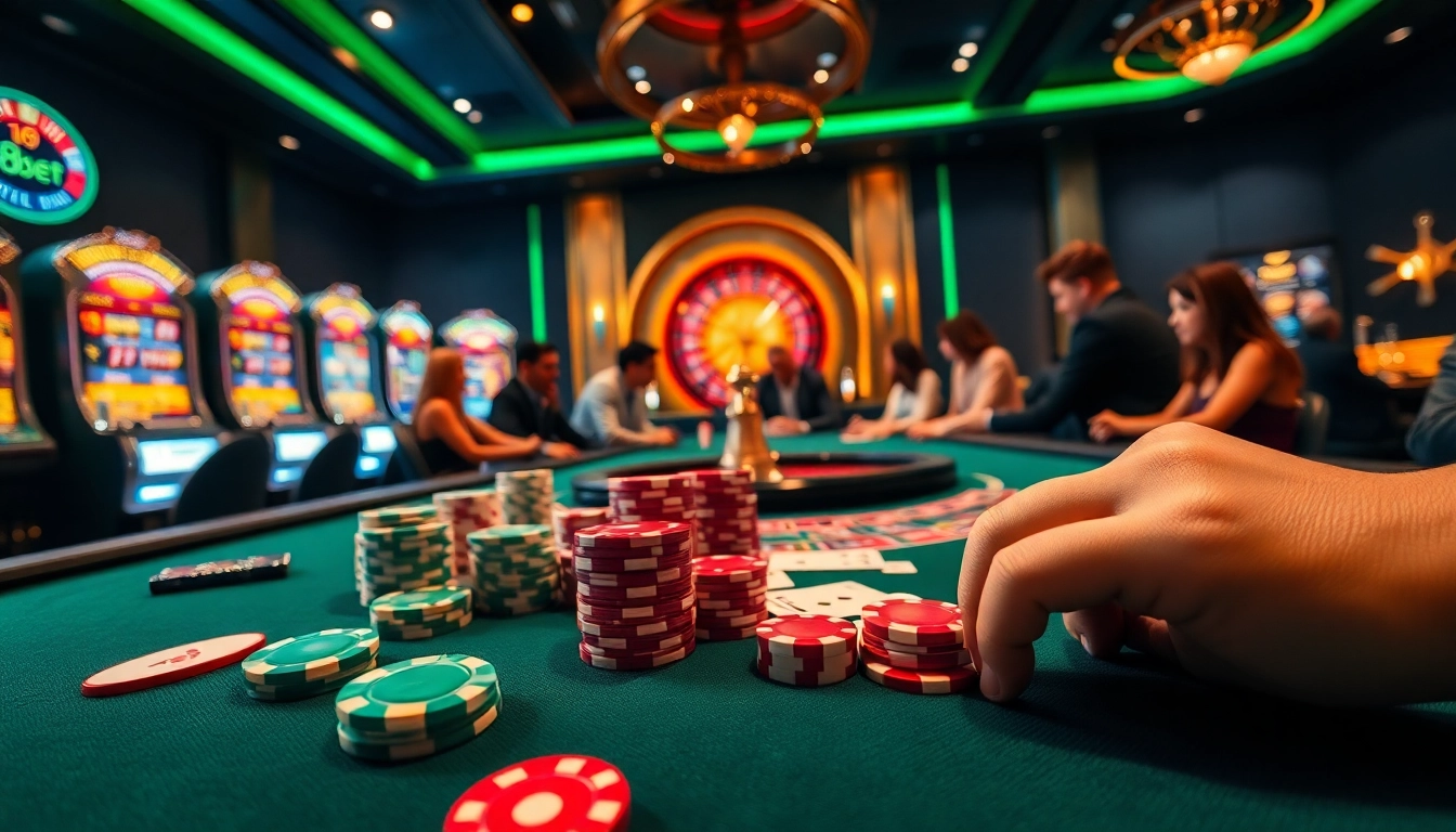 F8BET players engaging in a thrilling casino atmosphere with poker chips and cards.