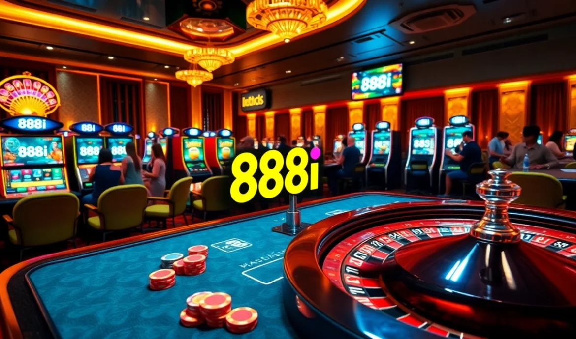 Players winning at 88i nhà cái casino with vibrant slot machines and poker chips.