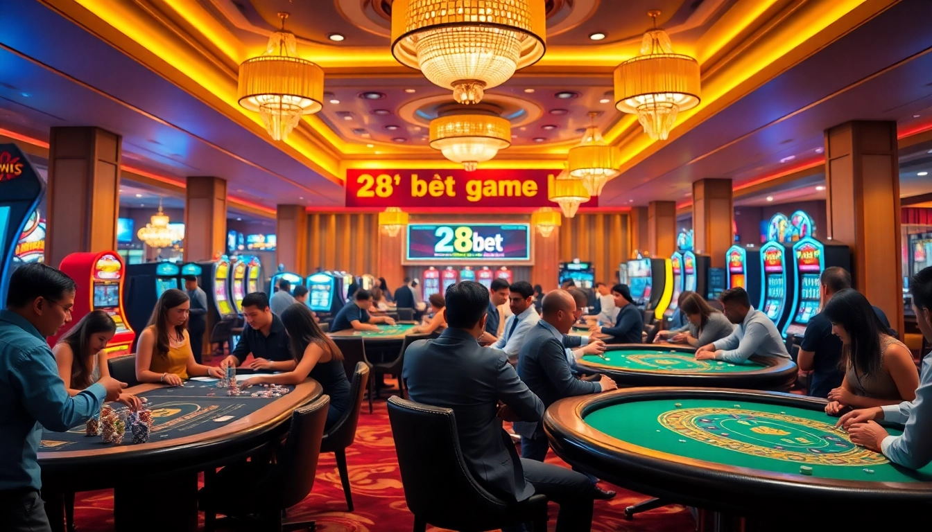 Experience the excitement of 28bet game bài as players engage at sleek casino tables.