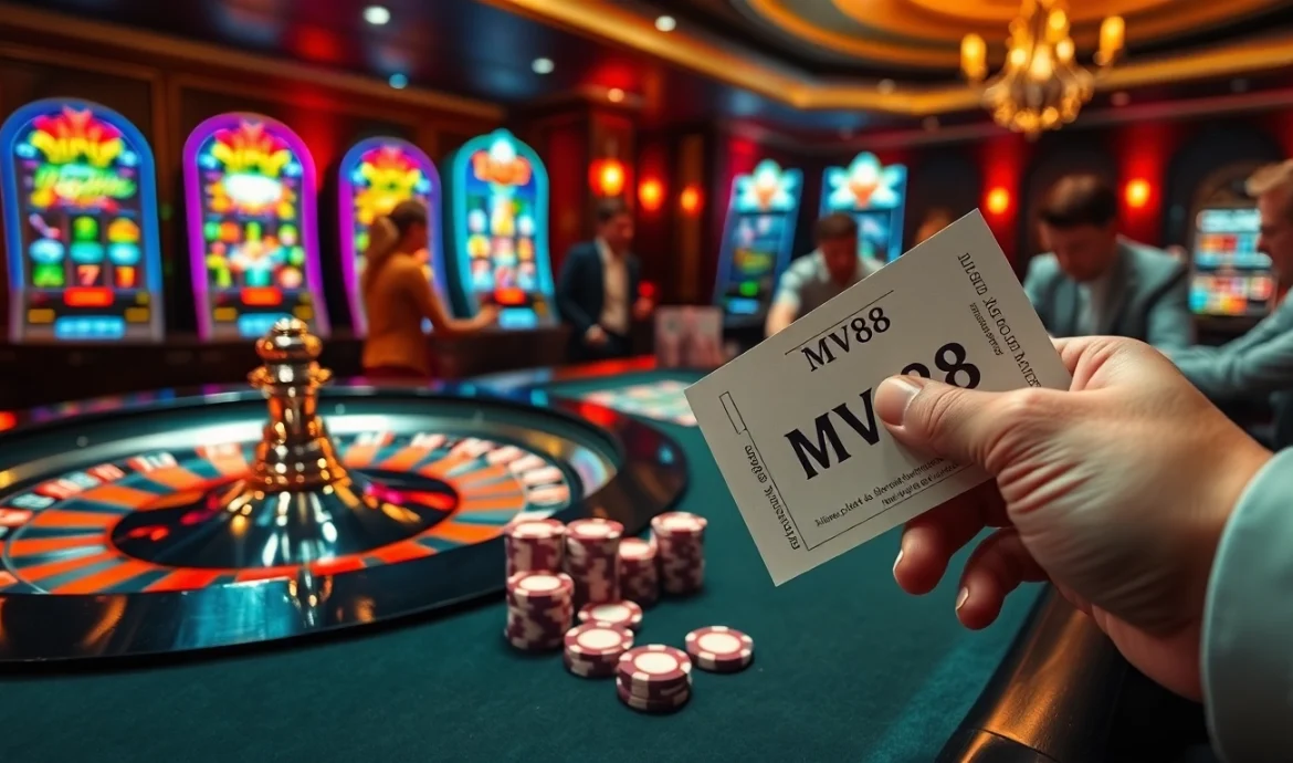 Engaging players at MV88 casino immersed in an exciting poker game with vibrant chips and roulette wheel.