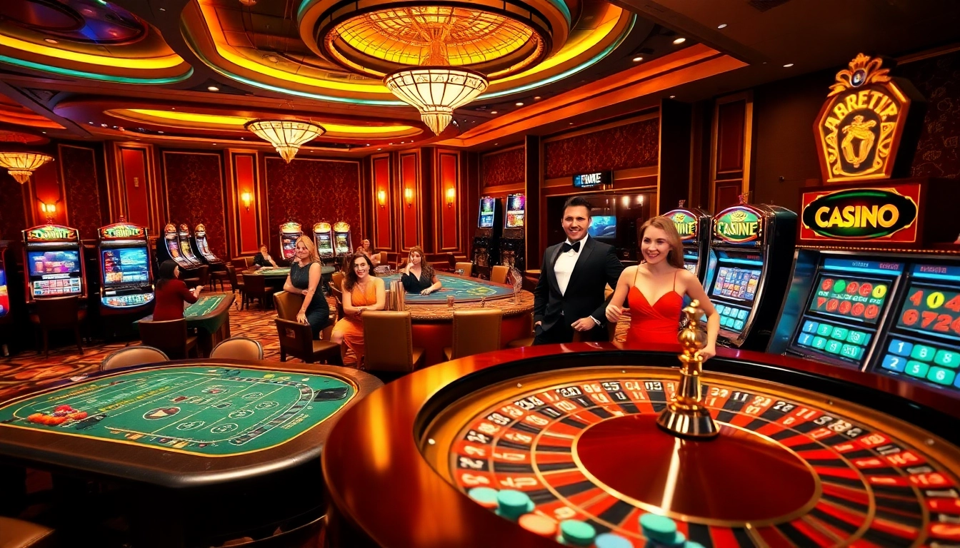 Experience the thrill of gambling at https://f8bet.ventures/ with a luxurious casino setting featuring poker tables and roulette wheels.
