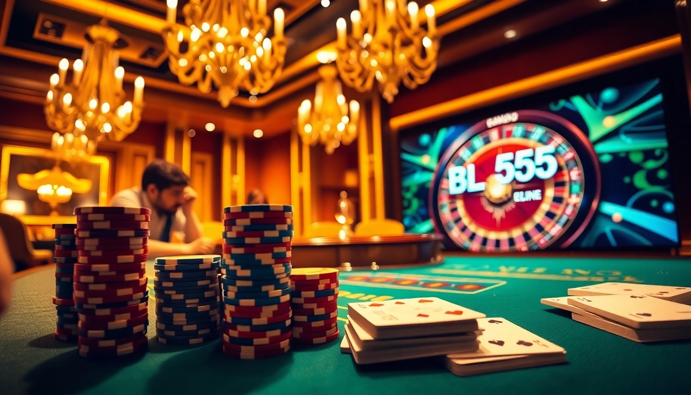 Experience high-stakes gambling at BL555's exciting poker table with vibrant poker chips.