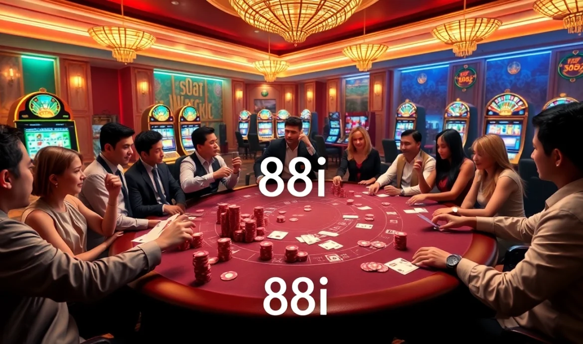 Engaged gamblers at 88i's premium poker table showcasing excitement and winning potential.