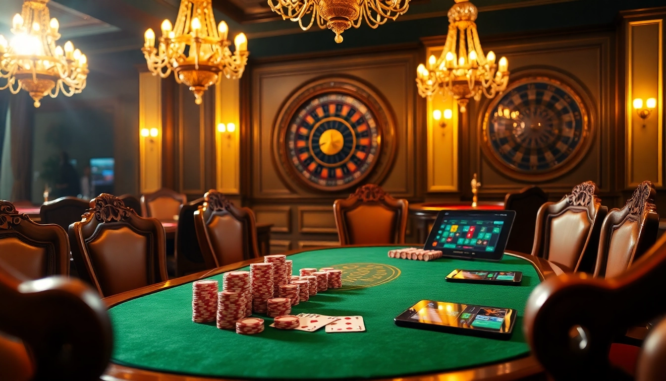 Excitement at a luxurious casino setting featuring gameplay, chips, and cards related to Tổng hợp 888new.