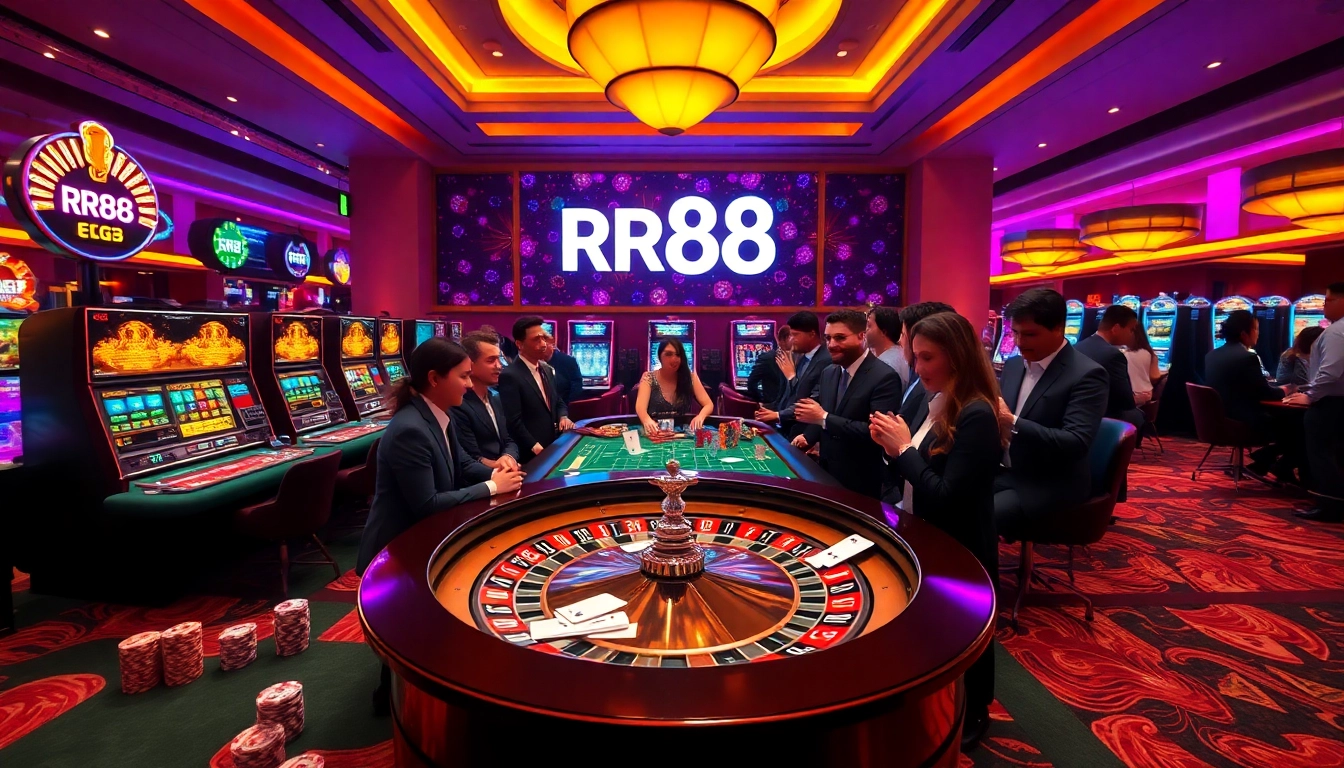 Experience the exhilarating atmosphere of RR88 with players around roulette and slot machines.