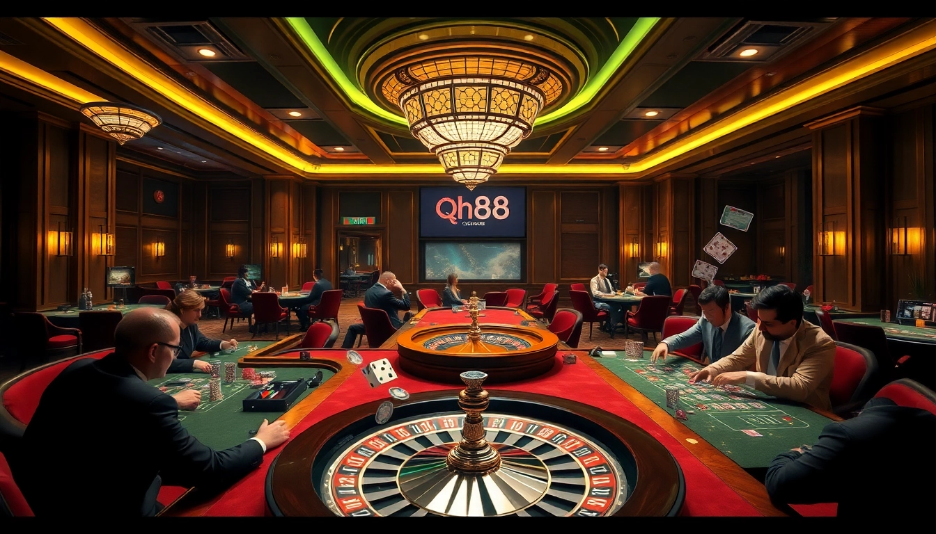 Experience thrilling gaming at qh88 with roulette, poker chips, and excited players.