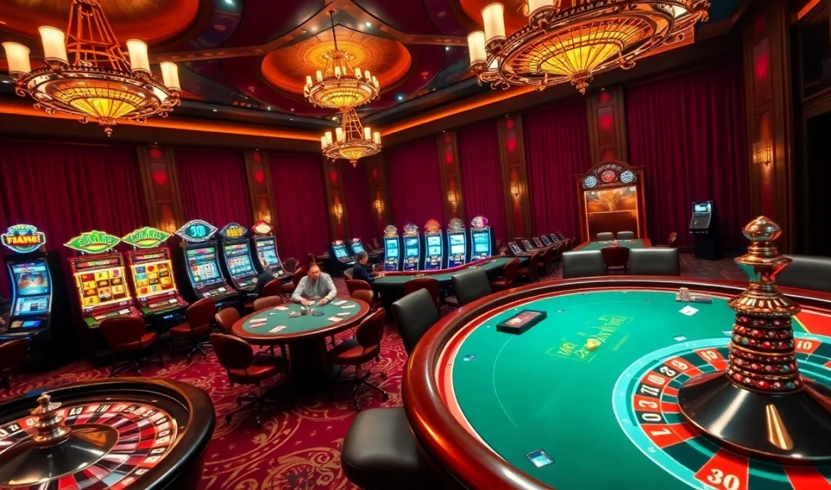 Engage in thrilling gameplay at https://s8net.com/ with a vibrant casino scene showcasing poker tables and slot machines.