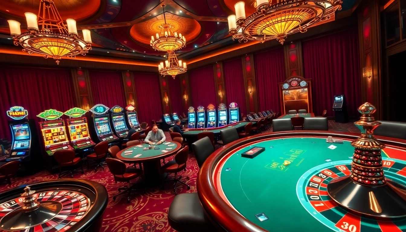 Engage in thrilling gameplay at https://s8net.com/ with a vibrant casino scene showcasing poker tables and slot machines.