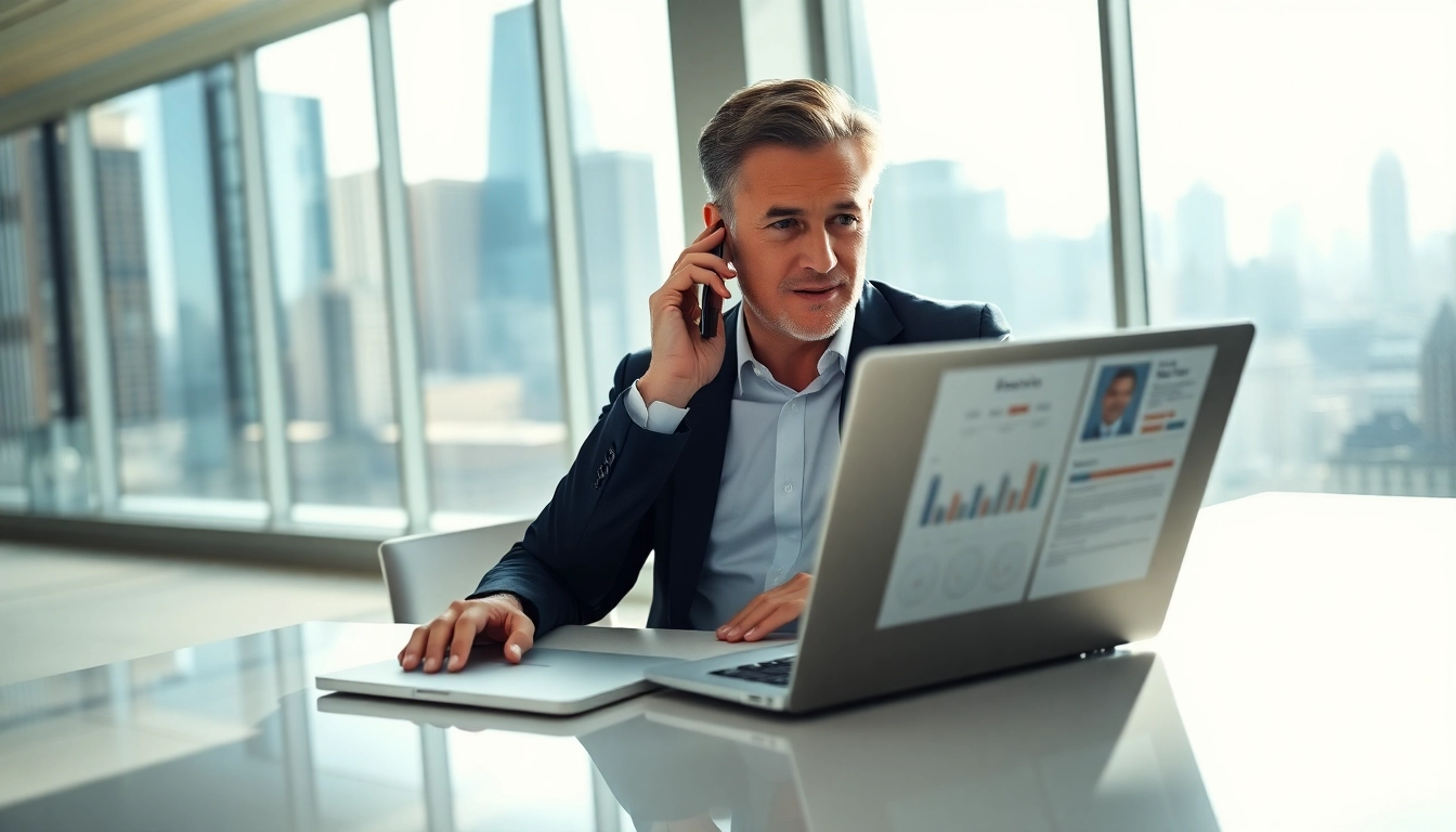 Headhunter Schweiz führt ein Gespräch in einem modernen Büro mit Stadtansicht.