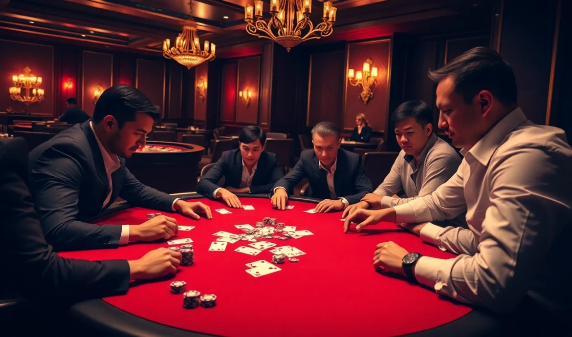 Players strategizing at a poker table, capturing the excitement of tại 789club gaming experience.