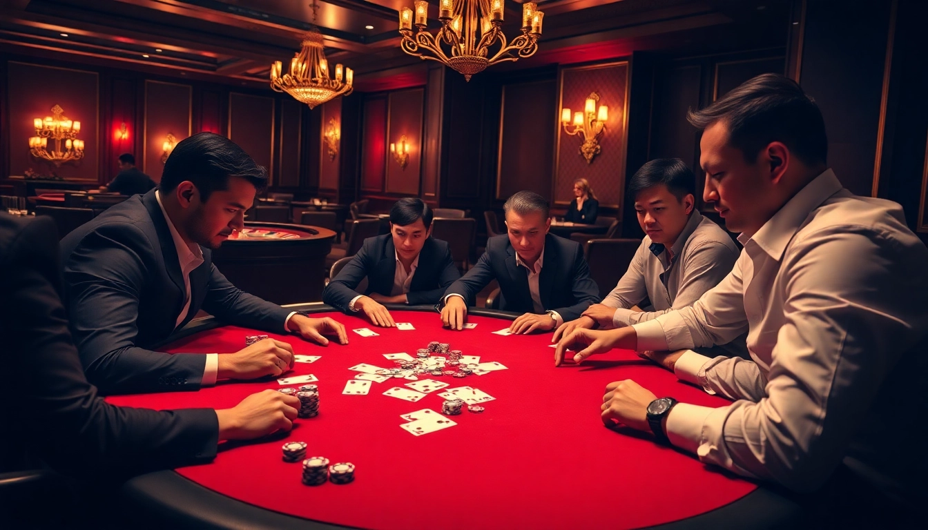 Players strategizing at a poker table, capturing the excitement of tại 789club gaming experience.