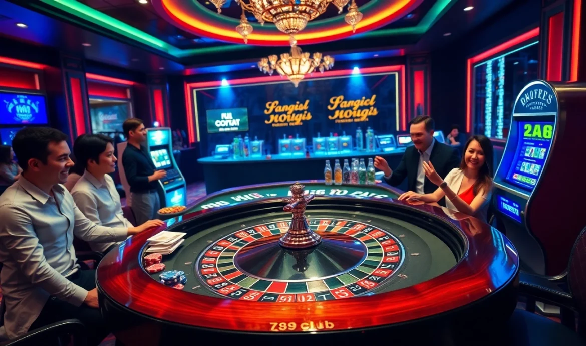 Players enjoying a dynamic game at 789club casino with vibrant chips and roulette table.