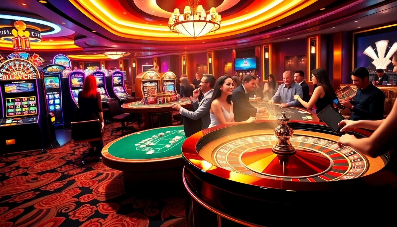 Players enjoying an exciting game at qh88 casino, featuring vibrant slot machines and elegant tables.