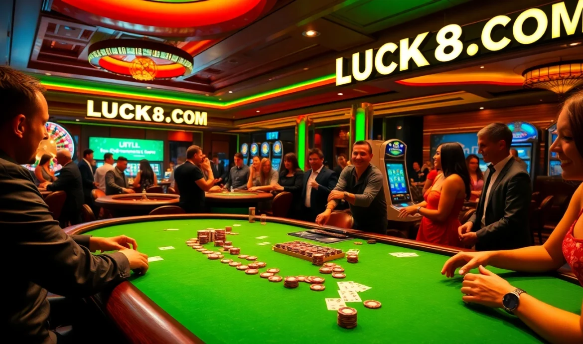 Excited players engaging in a game at LUCK8.COM casino, with vibrant tables and winning atmosphere.