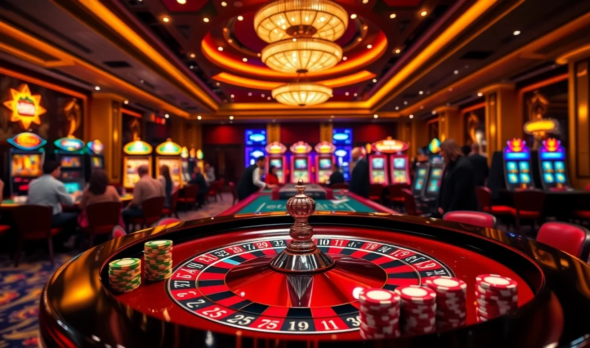Người chơi ăn mừng chiến thắng tại bàn casino LUCK8, với bánh xe roulette và các chip poker.