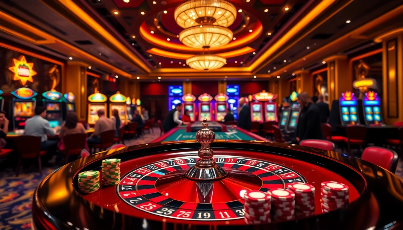Người chơi ăn mừng chiến thắng tại bàn casino LUCK8, với bánh xe roulette và các chip poker.