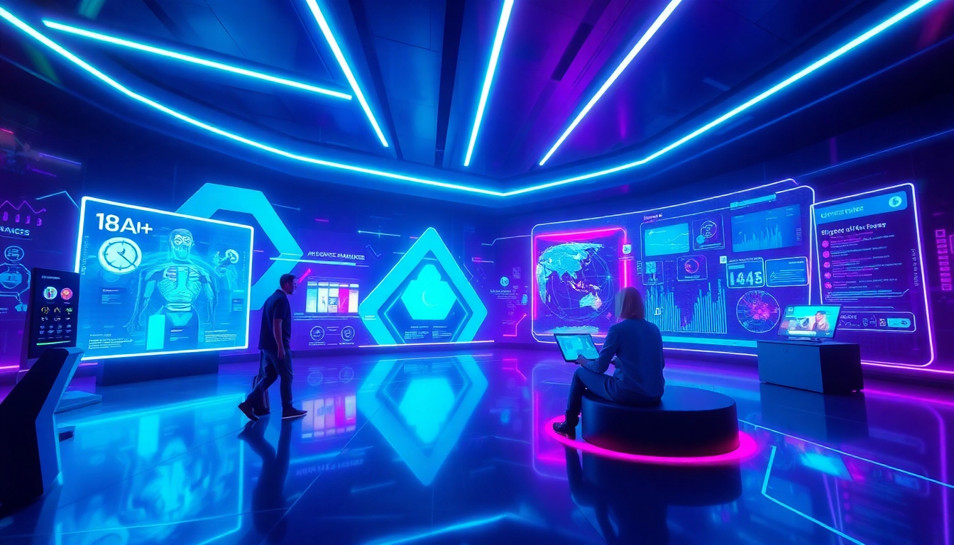 Explore 18+ AI technology in a vibrant digital landscape showcasing futuristic user interactions.