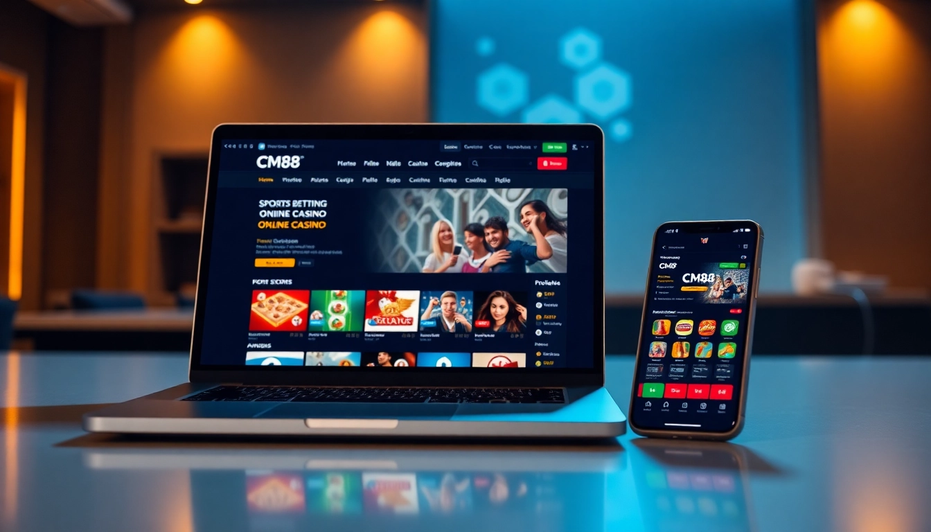 Online gambling interface of CM88 highlighting sports and casino games on laptop and smartphone
