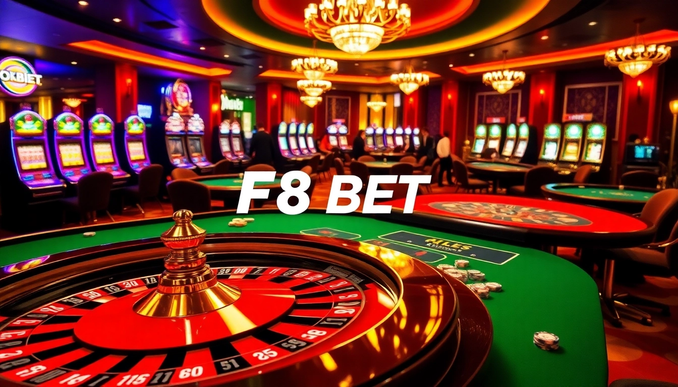Join the excitement at F8 BET with a luxurious casino scene featuring roulette and high-stakes gaming tables.