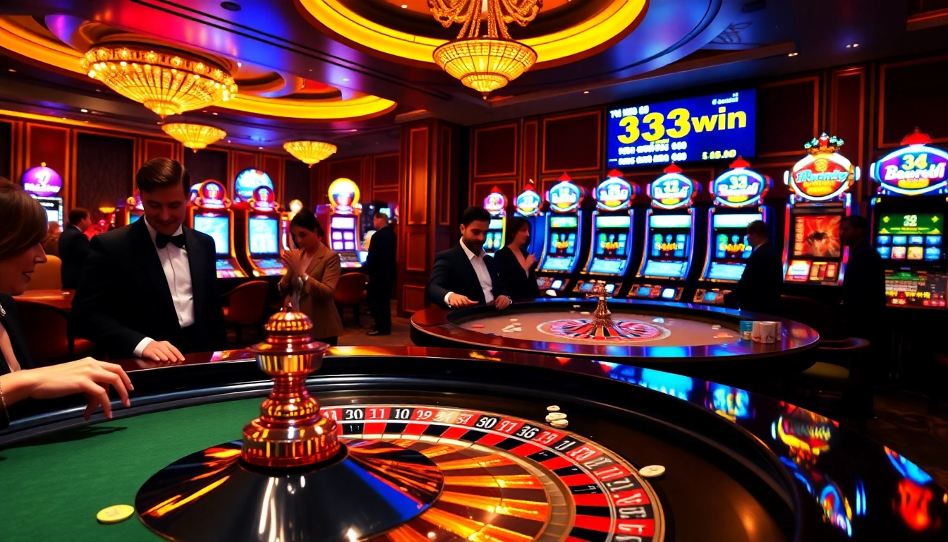 Experience thrilling gaming at 33win with vibrant casino visuals including roulette and players.