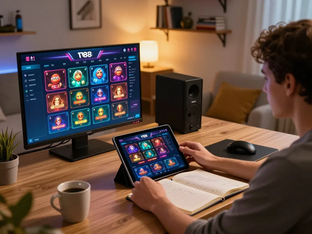 Engaged player enjoying TV88 casino app on tablet, showcasing modern online gambling setup.