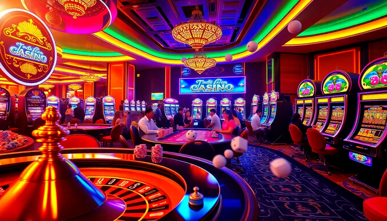 Experience the excitement of online gambling at https://tr888.club/ with vibrant casino tables and illuminated slot machines.