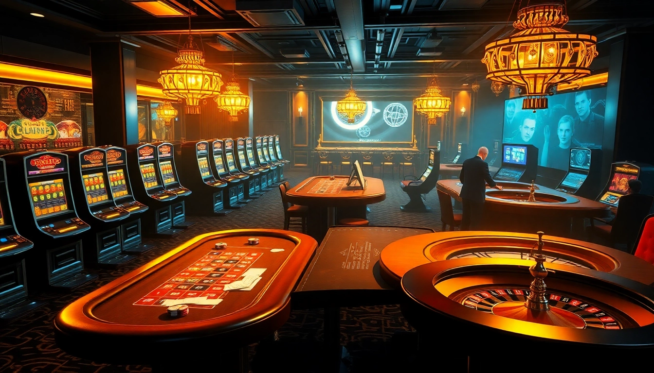 Exciting scene of a casino with hidden wiki dark web elements, showcasing slot machines and poker chips.