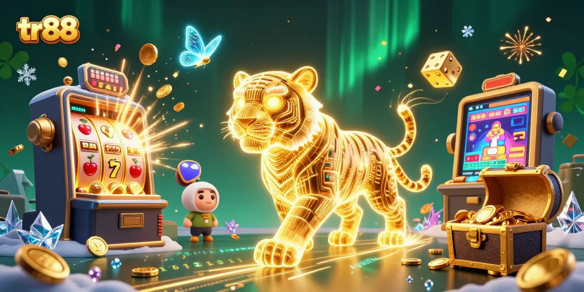 Experience thrilling wins at tr88 with a golden tiger illuminating a vibrant casino filled with slot jackpots and dice.
