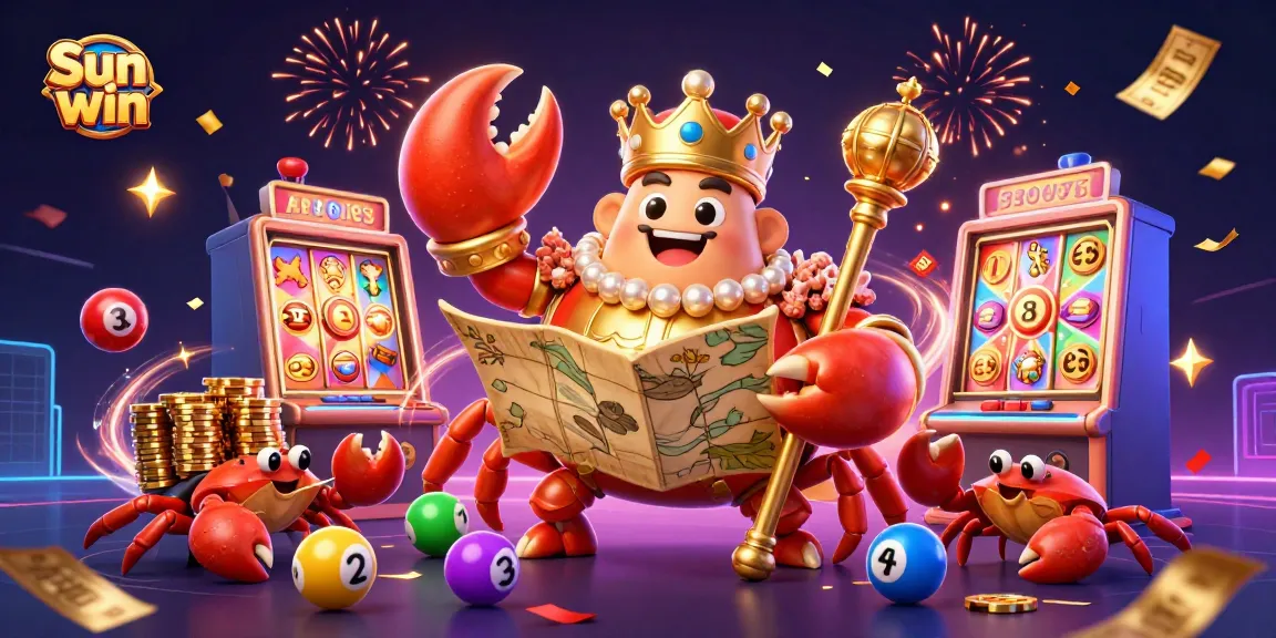 Experience winning thrills at Sun win with a vibrant scene of a golden crab emperor amid lottery and casino excitement.