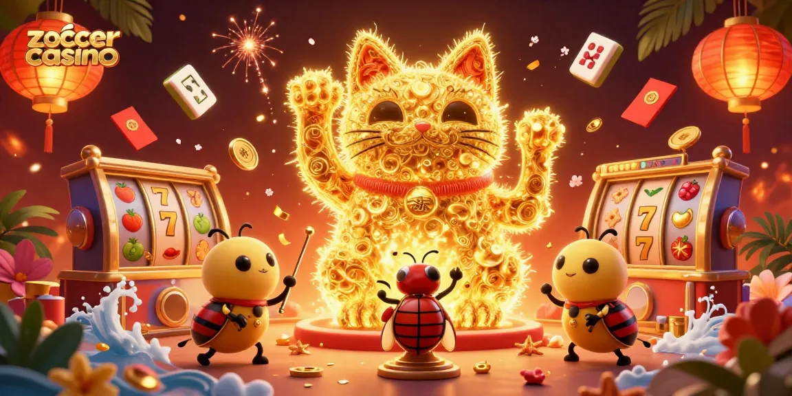 Experience zoccer casino with a vibrant scene of a lucky cat and dynamic gambling symbols.