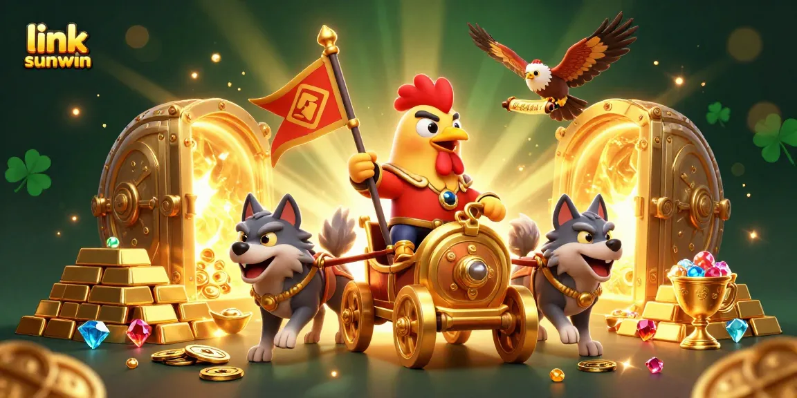 Experience the thrill of gaming with link sunwin, featuring a 3D rooster warlord and treasures in an immersive digital scene.