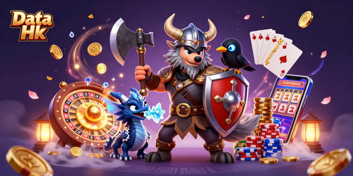 Experience thrilling moments with Data Hk in a vibrant 3D casino scene featuring a wolf warrior and dragon.