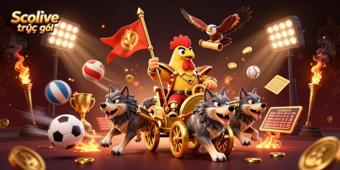 Socolive trực tiếp showcases an engaging scene with dynamic sports betting elements like flying 3D sports balls and gold coins.