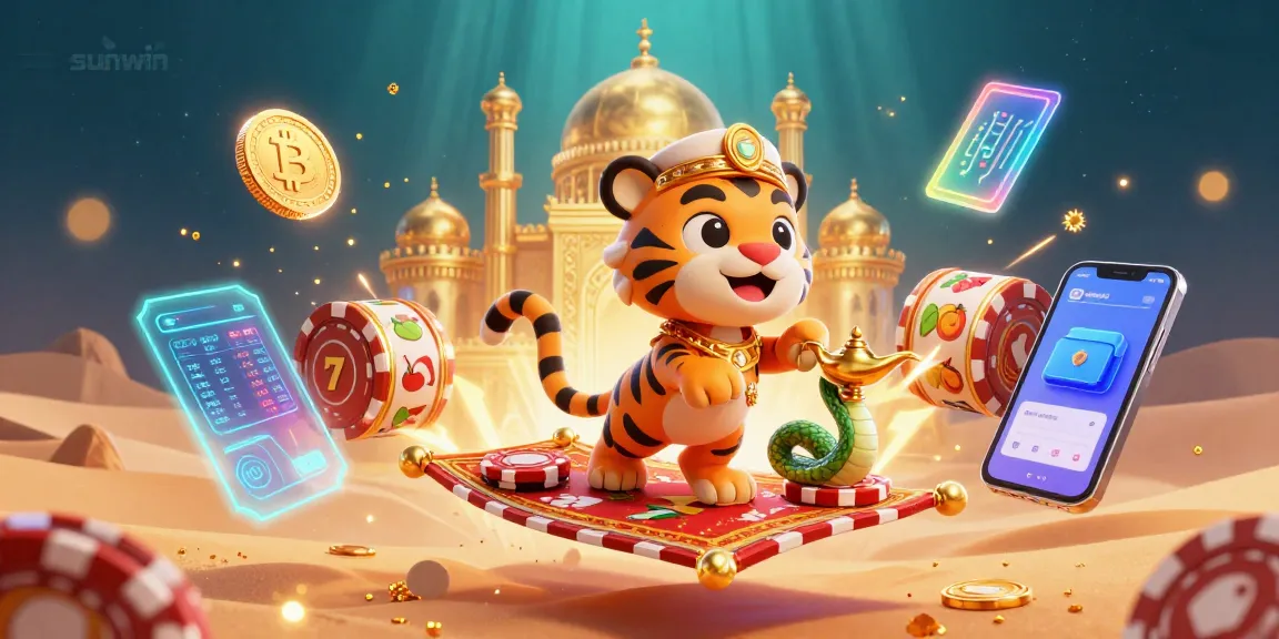Win big with sunwin in this vibrant illustration showcasing casino excitement and crypto elements.